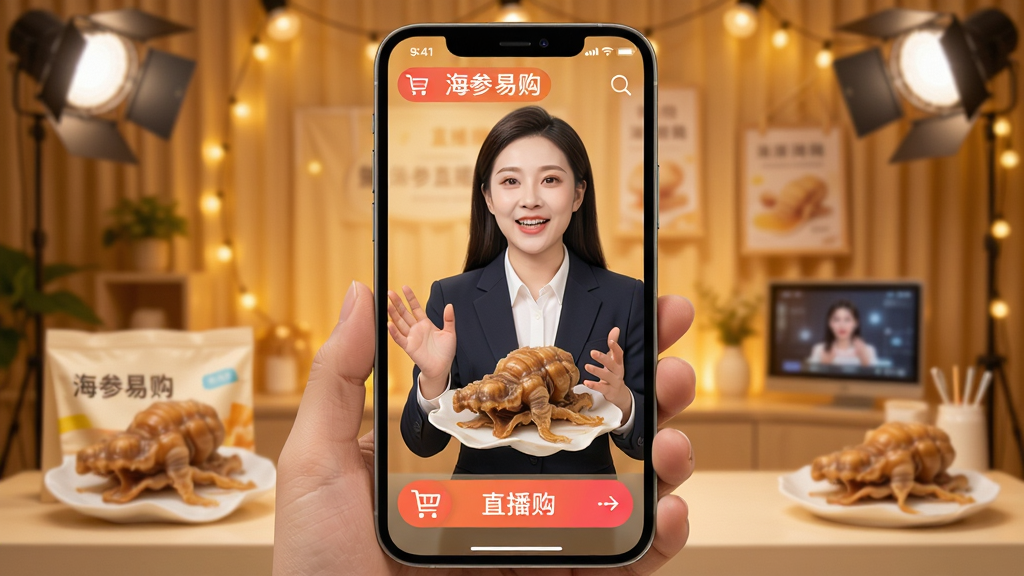 海参易购APP的直播购物场景,手机屏幕显示主播介绍海参产品,下方有购物车图标,背景为暖色直播间,画面生动,高清画质,干净无多余元素