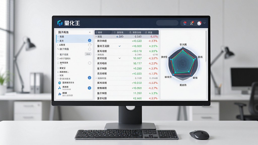 主体:电脑显示器上展示量化王选股界面,左侧为因子筛选条件列表,右侧为股票列表和雷达图。布局:显示器前方有键盘和鼠标,背景为简约办公室。排版:界面布局清晰,各功能区块分明。风格:商务科技风格。细节:屏幕中显示“量化王”Logo,股票列表有涨跌幅彩色标注,雷达图动态展示。画质:高清,干净,无多余元素。