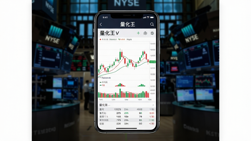 主体:智能手机屏幕展示量化王股票分析界面,屏幕上有K线图、数据指标和“量化王”品牌字样。布局:手机居中,背景为深色科技感模糊的股市交易大厅大屏幕。排版:手机屏幕内信息清晰,周围留白突出主体。风格:现代科技风格,结合金融元素。细节:屏幕中图表线条清晰,红绿涨跌颜色分明,数据网格精细。画质:8K超高清,干净,无多余元素。