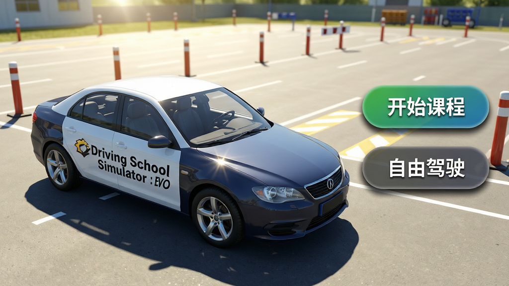 ���壺��Ϸ�������һ��ͣ�ڼ�У�����ڵĽ�������������ӡ�С�Driving School Simulator : EVO����־�����֣�����λ�ڻ�������ƫ���Ҳ�չʾ��ϷUI��ť���硰��ʼ�γ̡��������ɼ�ʻ�������������������ĵļ�Уѵ��������׮Ͱ�ͱ��ߣ��Ű棺�������������ֱ�ǩ��Ŀ�����3D��Ⱦ��дʵ���ɫ��������ϸ�ڣ����ᷴ�⣬������Ӱ��ʵ��UI��ť��Բ����Ӱ�����ʣ�4K���壬�ɾ����޶���Ԫ�ء�