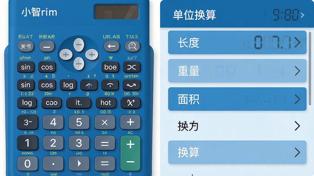 主体:小智多功能计算器功能展示界面,展示科学计算和单位换算功能。布局:左侧为科学计算键盘,右侧为单位换算列表。排版:左右分栏。风格:扁平化设计,蓝色主色调。细节:科学键盘上有