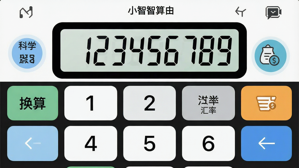 主体:小智多功能计算器应用主界面,展示数字键盘和不同功能图标。布局:中央为数字显示区,周围整齐排列功能按钮。排版:上下结构,上方为屏幕,下方为按钮。风格:现代简约,色彩清新。细节:屏幕显示