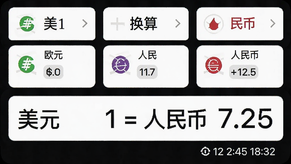 主体:小智多功能计算器汇率换算界面,展示美元、欧元、人民币等货币的汇率。布局:上方为货币选择器,下方为换算结果。排版:顺序排列。风格:商务简洁。细节:显示