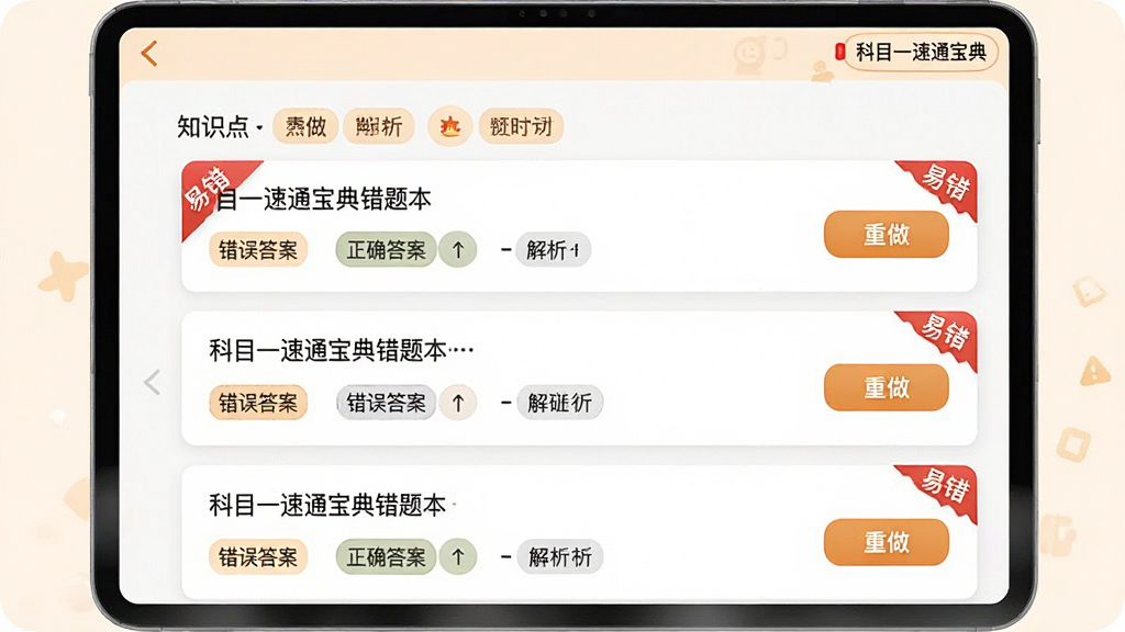 主体:科目一速通宝典错题本界面,展示错题列表、知识点标签、重做按钮;布局:列表式排版,每条错题包含题目、错误答案、正确答案与解析;排版:清晰有序,便于浏览;风格:简洁实用,暖色调突出错题警示;细节:界面右上角标注“科目一速通宝典”,错题卡片上有红色“易错”角标;画质:高清,干净,无多余元素。