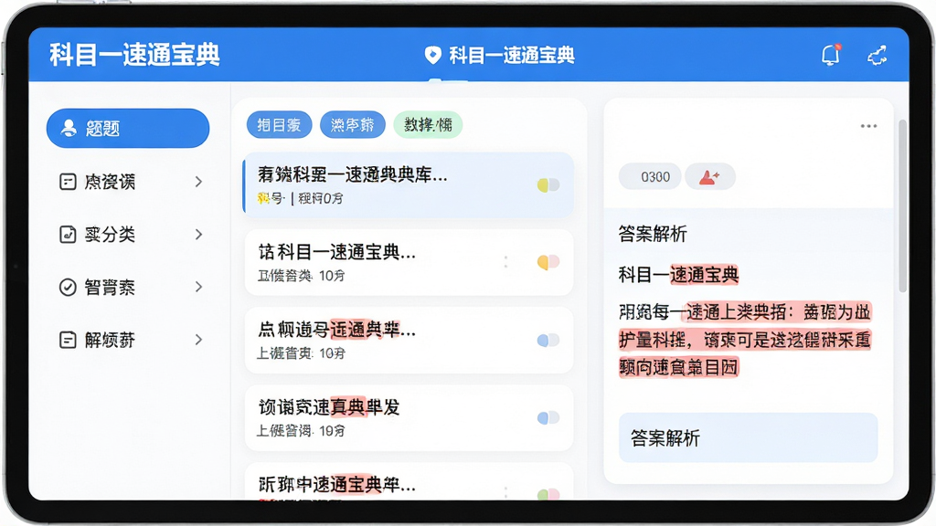 主体:科目一速通宝典智能题库界面,展示题目列表、分类标签、答案解析区域;布局:左侧为题目分类导航,右侧为题目详情与解析;排版:信息层级分明,重点内容高亮显示;风格:清爽简洁,蓝白配色,圆角卡片设计;细节:题目上方标注“科目一速通宝典”字样,解析区内有红色重点标记;画质:高清,干净,无多余元素。