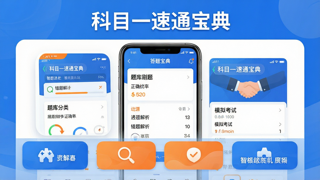 主体:科目一速通宝典手机应用界面,展示智能刷题、错题解析、模拟考试等核心功能模块;布局:中央为主界面截图,上方为应用名称“科目一速通宝典”,下方为功能按钮;排版:简洁清晰,图标与文字搭配合理;风格:现代扁平化设计,主色调为蓝色与白色,辅以橙色点缀;细节:界面展示答题进度、正确率统计、题库分类等元素,文字标注“科目一速通宝典”;画质:高清,干净,无多余元素。
