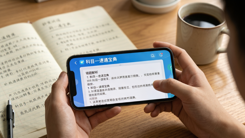 主体:科目一速通宝典应用使用场景,手机横屏显示错题解析,用户正在阅读;布局:手机居中,周围有学习笔记和咖啡杯,背景为书桌;排版:简洁自然,突出应用界面;风格:生活化实拍风格,暖色调;细节:手机屏幕中显示“科目一速通宝典”错题界面,解析文字清晰可见;画质:高清,干净,无多余元素。