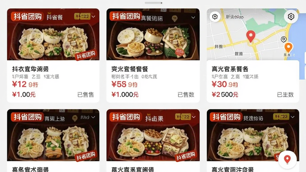 一张抖省APP本地生活团购页面的截图,展示手机屏幕上排列着多个商家的团购套餐卡片,包含店铺名称、套餐内容、价格和已售数量,卡片上有“抖省团购”的标识,背景是地图和定位图标,布局规整,风格商务清晰,细节丰富,画质干净整洁,无多余元素。