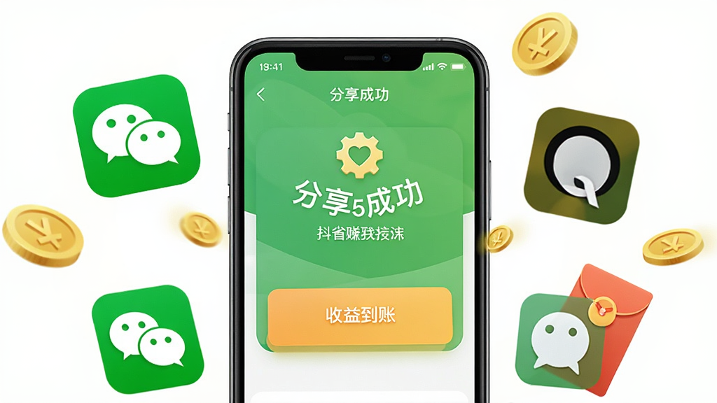 一张展示抖省分享赚钱功能的示意图,画面中央是手机屏幕,上面显示着分享成功的界面和收益到账的提示,周围环绕着微信、QQ等社交软件的图标,以及金币和红包的元素,背景是简洁的纯色,布局活泼,风格现代,细节清晰,画质干净,无多余元素。
