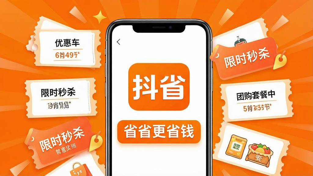 一张展示抖省APP核心功能的宣传预览图,画面以明亮的橙色和白色为主色调,中心位置是手机屏幕的正面展示,屏幕上显示着“抖省”的LOGO和“省省更省钱”的标语,周围环绕着各种商品优惠券、限时秒杀和团购套餐的图标,布局错落有致,风格清新活泼,细节丰富,画质高清干净,无多余元素。