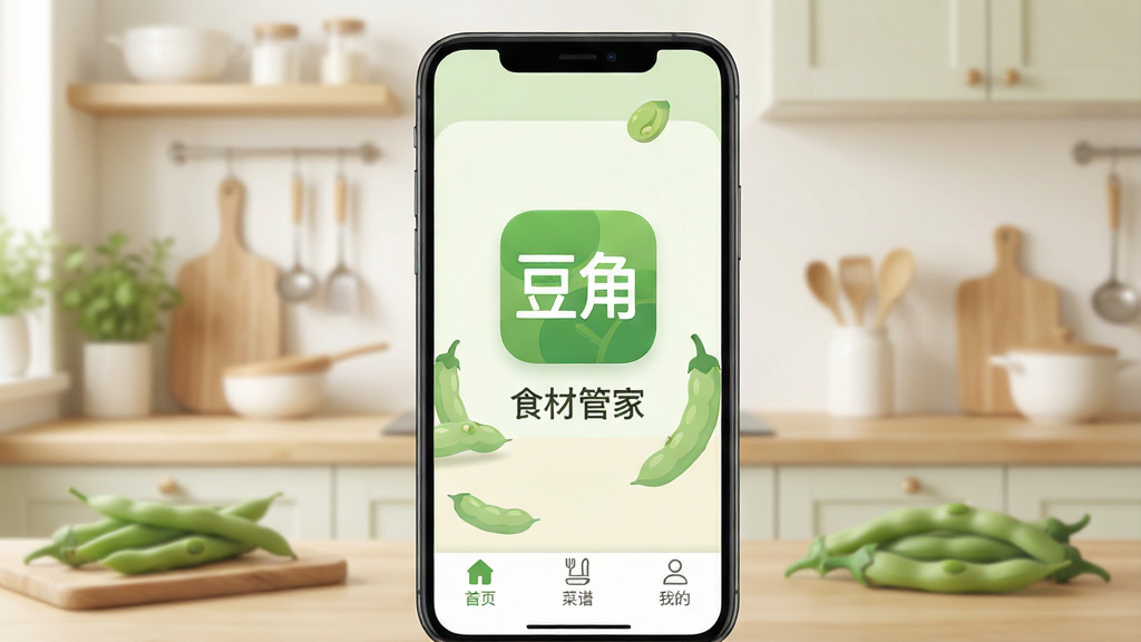 豆角应用主界面展示,采用简洁明快的扁平化设计风格,主色调为清新的豆角绿,背景为淡雅的厨房场景,界面中央显示“豆角”应用图标与“食材管家”字样,底部为导航栏,包含“首页”、“菜谱”、“我的”三个标签,整体布局清爽,画质高清,干净无多余元素