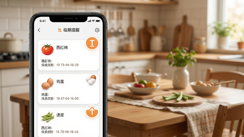 豆角智能食材管理功能预览,展示手机界面中食材列表与临期提醒图标,界面包含“西红柿”、“鸡蛋”等食材卡片,每个卡片标注保质期倒计时,背景为温馨的厨房餐桌,风格为写实摄影与UI结合,画质清晰,干净无多余元素