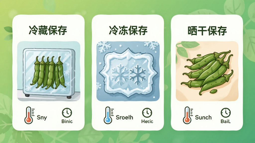 豆角保鲜指南界面,展示系列教学卡片,每张卡片包含保存方法名称与示例图片,如“冷藏保存”、“冷冻保存”、“晒干保存”,配以温度计与时间图标,背景为清新的绿色渐变,风格为简约插画风,画质干净,无多余元素