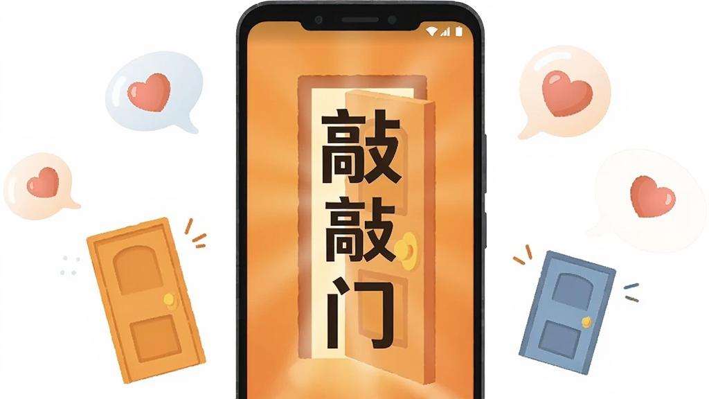 画面主体为一部亮屏的安卓手机,手机屏幕中央显示“敲敲门”三个大字,背景为温暖的橙色渐变,手机周围漂浮着几个可爱的卡通门和爱心气泡,整体布局居中,排版简洁明快,采用扁平化插画风格,细节包括屏幕上的门缝透出柔和光芒,画质高清干净,无多余元素