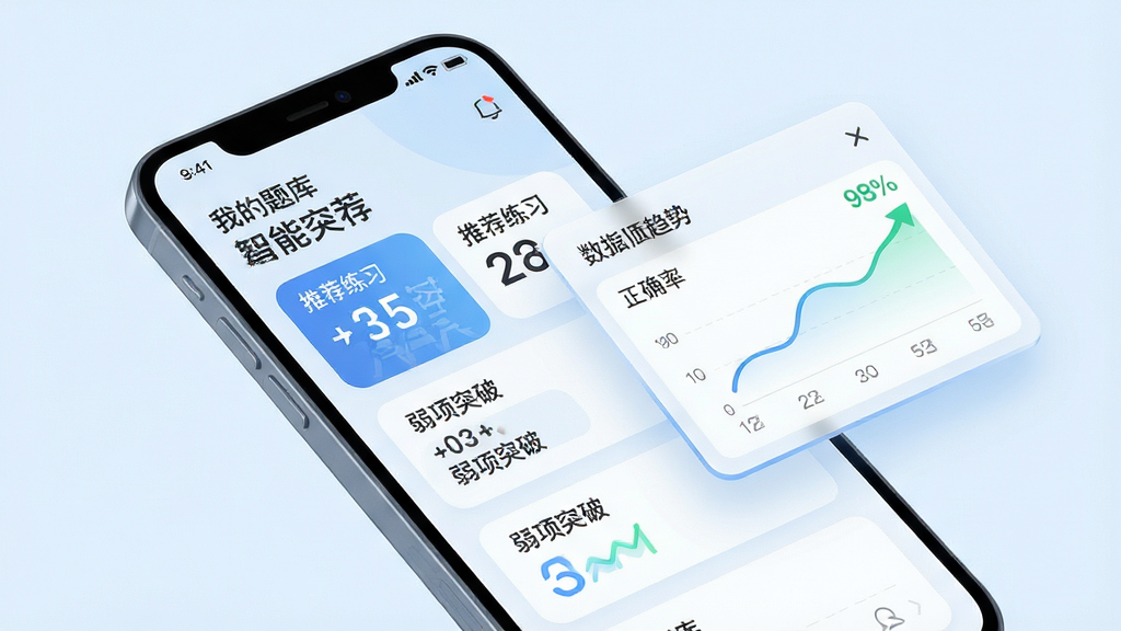 主体:手机界面展示“我的题库”智能推荐功能,屏幕上有“推荐练习”“弱项突破”字样;布局:手机斜放,旁边有数据图表浮窗;排版:信息层级分明,重点数据突出;风格:科技感,淡蓝底色,圆角卡片;细节:图表显示正确率上升趋势,文字标签清晰;画质:细腻,干净,无多余元素