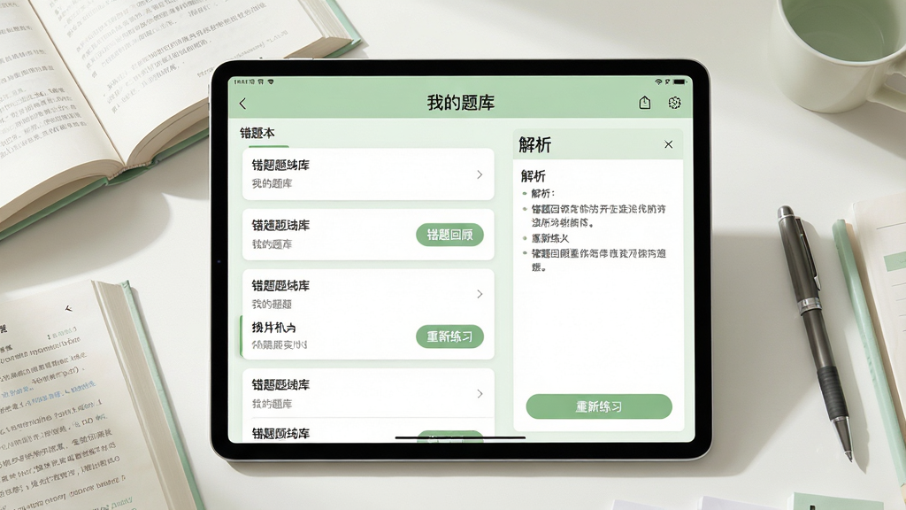 主体:平板电脑展示“我的题库”错题本界面,左侧是错题列表,右侧是解析面板;布局:平板居中,周围有书本和笔等学习元素;排版:错题以卡片形式排列,解析区域清晰;风格:简约教育风,浅绿色调;细节:屏幕上有“错题回顾”“重新练习”按钮,背景有柔和光线;画质:高清,干净,无多余元素