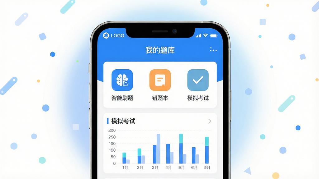 主体:手机屏幕展示“我的题库”APP界面,界面显示各类考试科目图标与统计图表;布局:手机居中,四周留白,顶部有品牌Logo与名称;排版:界面元素整齐排列,列表清晰;风格:现代扁平化,色彩明快,蓝白主色调;细节:屏幕上显示“智能刷题”“错题本”“模拟考试”等文字标签,背景有柔和渐变光晕;画质:高清渲染,干净,无多余元素