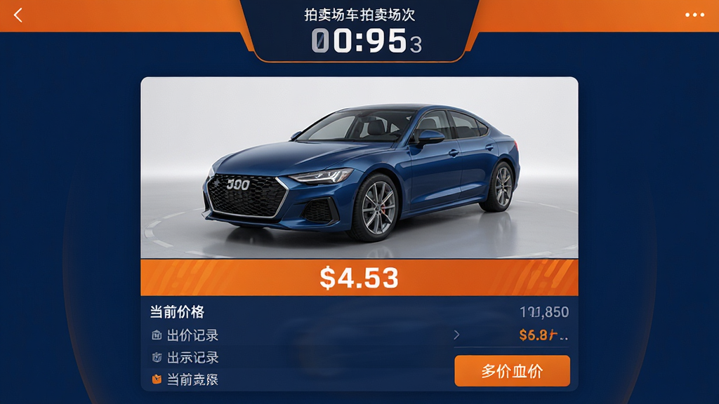 赢车应用竞拍大厅界面截图,顶部显示拍卖场次和倒计时,中间为当前车辆大图,下方显示当前价格、出价记录列表和出价按钮,界面采用深蓝色与橙色搭配,突出竞拍氛围,数字信息清晰,风格专业,画质高清,无多余元素