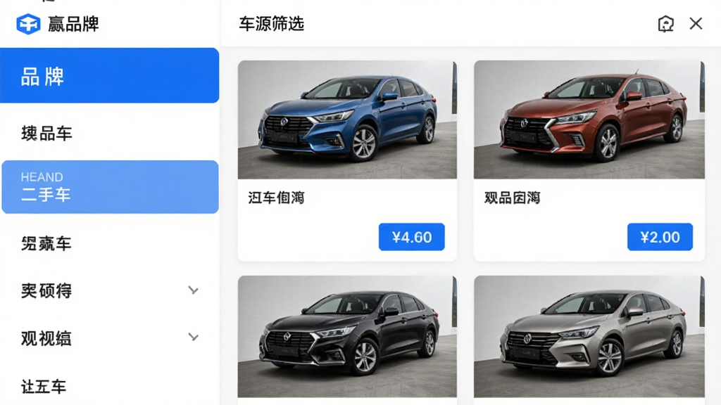 赢车应用的车源筛选界面,左侧为品牌列表,右侧为筛选结果,展示多辆不同品牌二手车的卡片式排列,卡片上有车辆图片、名称和价格标签,界面以白色为主,蓝色高亮选中项,风格简洁商务,画质清晰,无多余元素