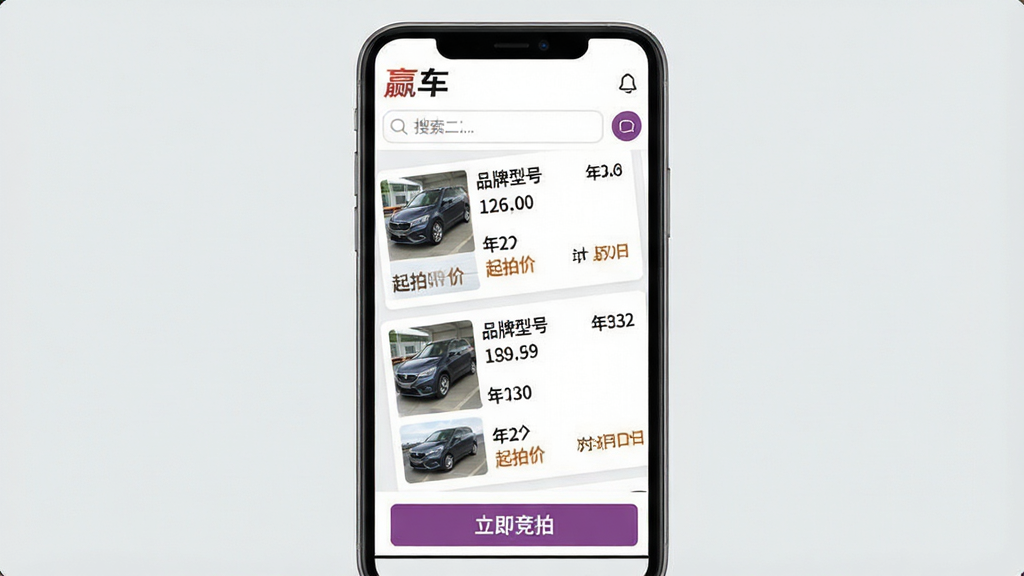 一张智能手机屏幕展示赢车二手车拍卖应用界面,界面顶部显示“赢车”品牌标识和搜索栏,中间是车辆列表,每辆车配有缩略图、品牌型号、年份、起拍价等标签,下方有“立即竞拍”按钮,背景为浅灰色,整体布局清晰,风格现代简洁,UI设计干净,画质高清,无多余元素