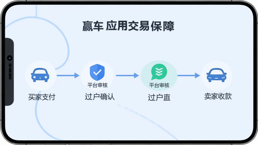 赢车应用交易保障页面,展示资金托管流程图,从买家支付到卖家收款,中间有平台审核和过户确认节点,背景为浅蓝色,图标简洁,流程线清晰,风格简约商务,画质干净,无多余元素