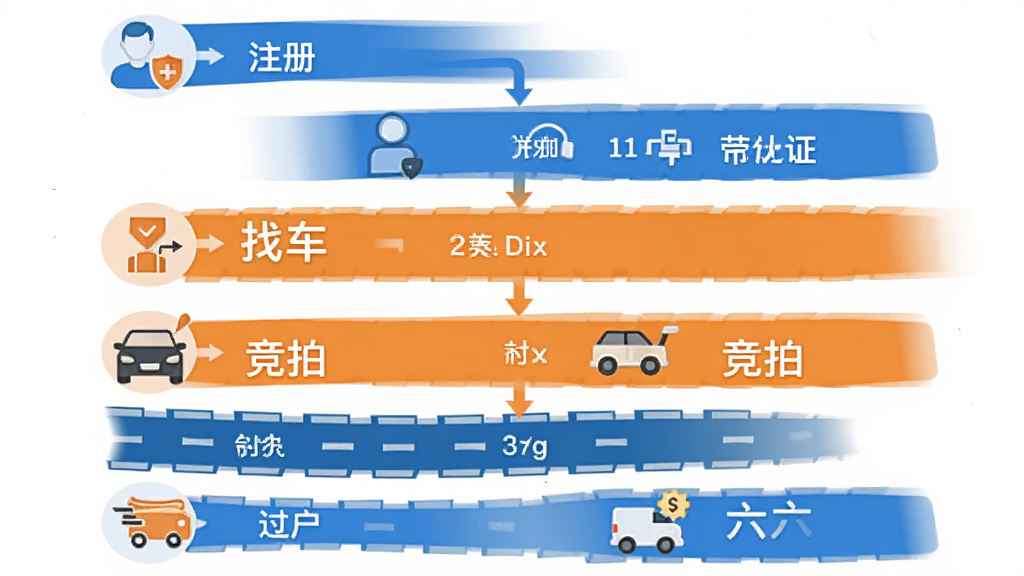 赢车应用使用步骤流程图,从上到下依次为注册、认证、找车、竞拍、付款、过户六个步骤,每个步骤配有简洁图标和文字说明,背景为白色,图标为蓝色和橙色,风格扁平化,画质清晰,无多余元素