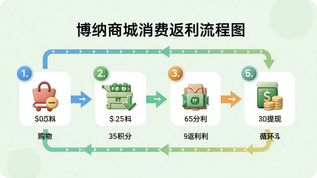 主体:博纳商城消费返利流程图,展示购物、积分、返利、提现的循环。布局:流程图横向排列,箭头连接,背景为淡绿色。排版:步骤清晰,图标形象。风格:简洁现代,色彩明快。细节:每个环节有对应图标,数字标注。画质:高清,干净,无多余元素。