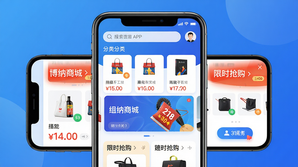 主体:博纳商城APP界面展示,手机屏幕中显示商品分类、轮播图、限时抢购板块,顶部有搜索栏和用户头像,整体布局清晰。布局:手机居中,屏幕内容细节丰富,背景为渐变蓝色。排版:界面元素整齐,功能图标排列有序。风格:科技感与现代感结合,色彩明亮。细节:商品图片清晰,价格标签醒目,按钮圆润。画质:高清,干净,无多余元素。