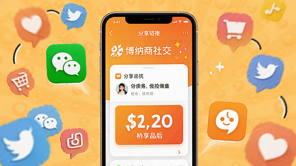 主体:博纳商城社交分享场景,手机屏幕显示分享链接,旁边有微信、朋友圈图标。布局:手机居中,周围有社交图标环绕,背景为暖色。排版:活泼生动,互动感强。风格:时尚休闲,色彩丰富。细节:分享界面清晰,佣金数字明显。画质:高清,干净,无多余元素。