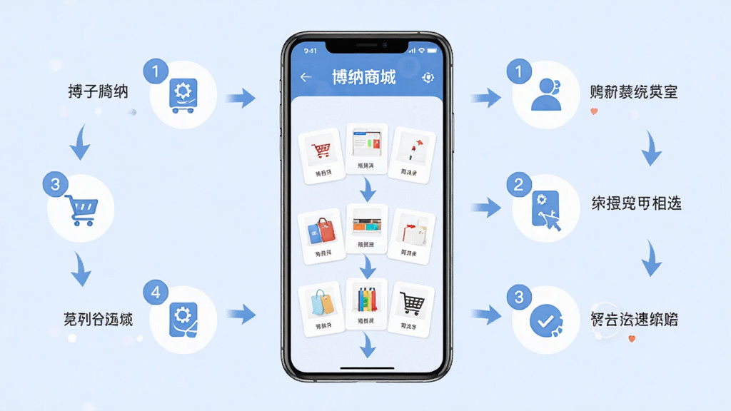 主体:博纳商城使用教程场景,手机屏幕显示购物流程,旁边有步骤图标。布局:手机居中,步骤图标环绕,背景为淡蓝色。排版:步骤清晰,箭头指示。风格:教学感,简洁易懂。细节:图标有数字标注。画质:高清,干净,无多余元素。