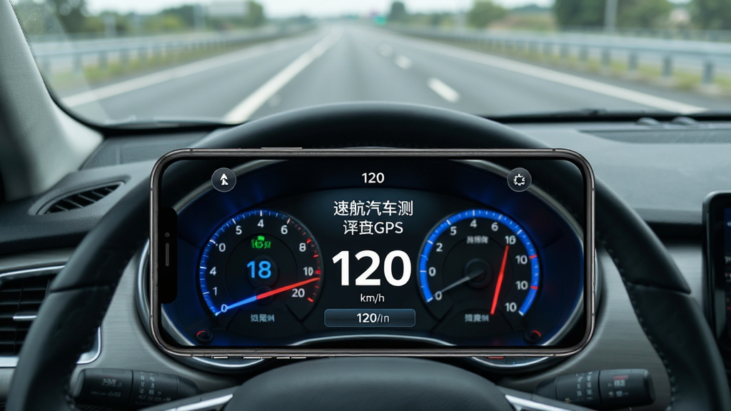 主体:一辆行驶在高速公路上的汽车,中控台手机屏幕显示速航汽车测速仪GPS界面,仪表盘指针指向120km/h;布局:汽车居中,手机屏幕特写,背景虚化;排版:屏幕界面清晰可见,速度数字醒目;风格:写实风格,现代感;细节:仪表盘有蓝光效果,道路标线清晰;画质:高清,干净,无多余元素