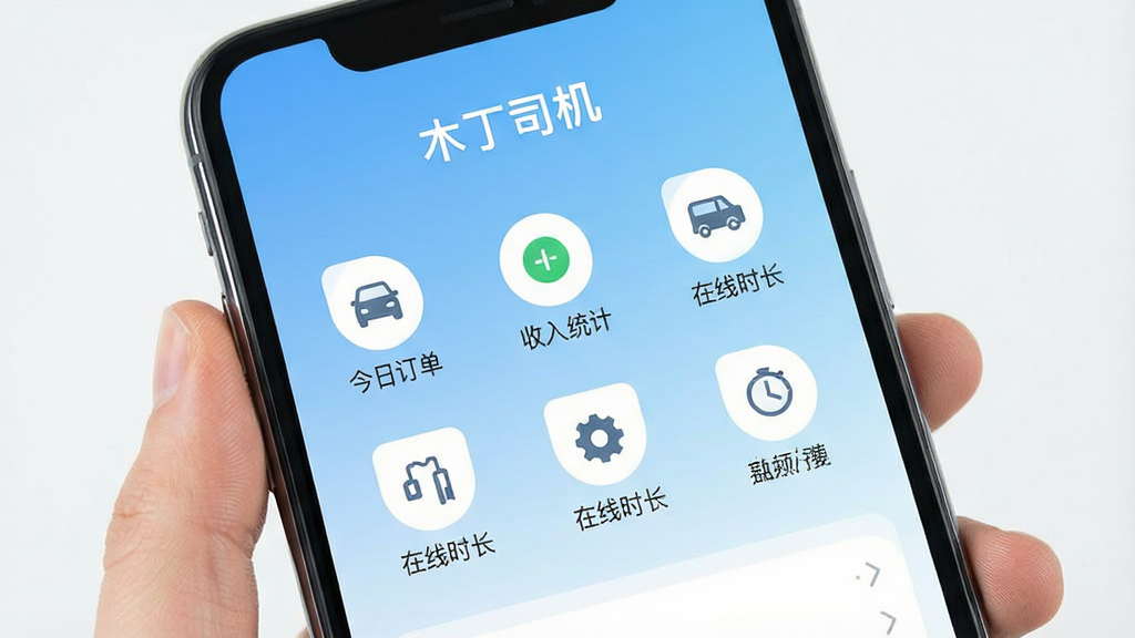 一张智能手机屏幕展示木丁司机应用主界面,界面顶部显示“木丁司机”字样,下方有清晰的功能图标排列,包括今日订单、收入统计、在线时长等,背景为简洁的浅蓝色渐变色,整体风格现代干净,界面布局整齐,画面高清,无多余元素