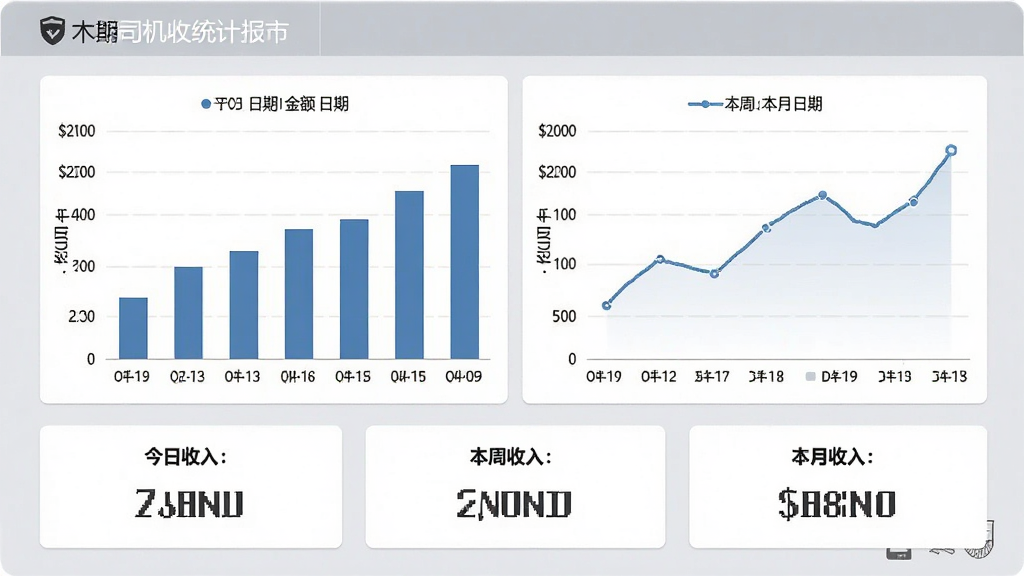 木丁司机的收入统计报表页面,屏幕中展示柱状图和折线图,横轴为日期,纵轴为金额,图表下方有今日收入、本周收入、本月收入三个数字卡片,背景为浅灰色,整体风格商务简约,图表数据清晰,画质高清,无多余元素