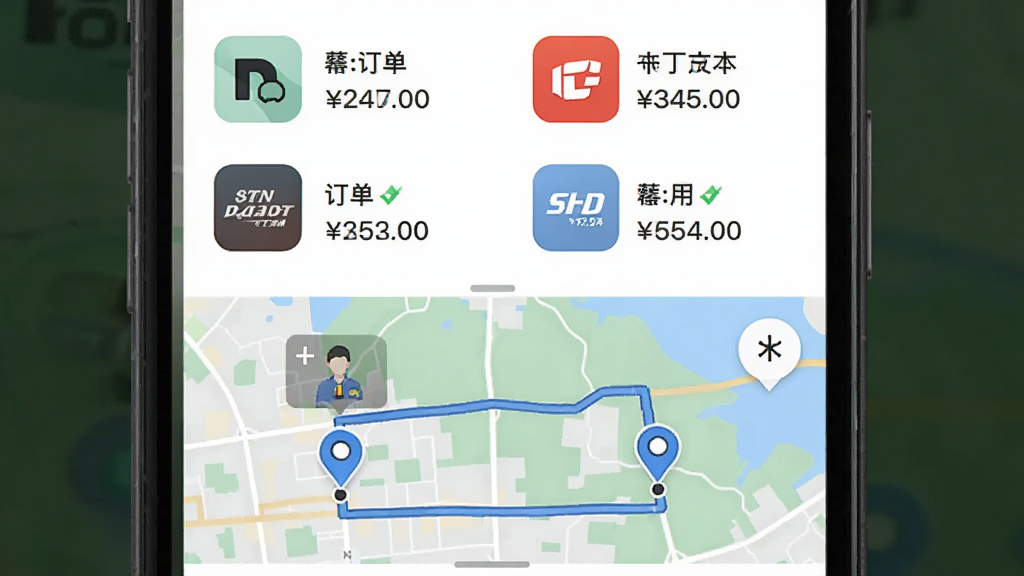 木丁司机应用的多平台订单聚合界面,手机屏幕分成上下两部分,上方显示多个平台图标,每个图标旁边有订单数量和金额,下方是地图路线预览,地图上标注起点与终点,整体UI设计简洁,色彩清新,画质清晰,干净无多余元素