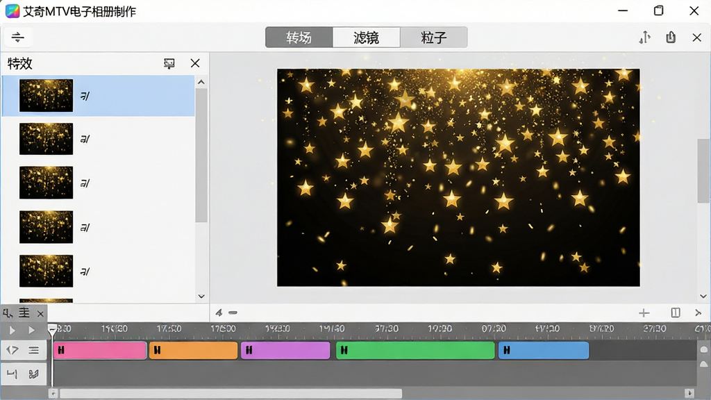 画面主体为“艾奇MTV电子相册制作”软件的特效编辑界面,左侧为特效列表,右侧为照片预览画面,照片上叠加了正在飘落的金色星光粒子特效;布局清晰,上方有“转场”“滤镜”“粒子”三个选项卡;风格简洁现代,细节处可见时间线轨道上的彩色特效块;画质高清,干净整洁,无多余元素。