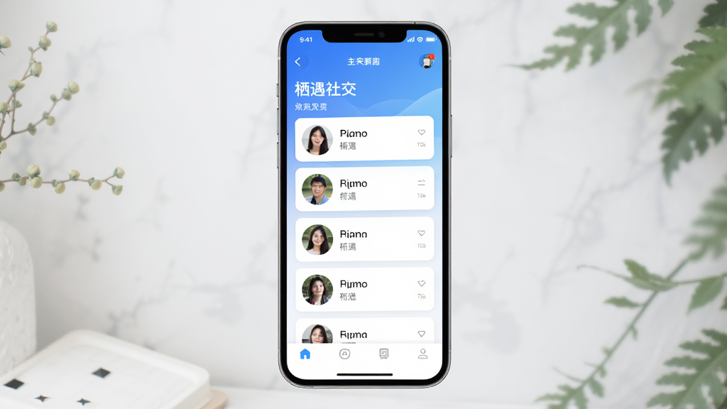 栖遇社交app主界面预览图,主体为手机屏幕展示,界面采用蓝白渐变主色调,底部导航栏清晰可见,中部显示附近用户卡片列表,卡片上有用户头像和昵称,整体布局简洁现代,排版规整,风格清新自然,细节丰富,画质清晰干净,无多余元素