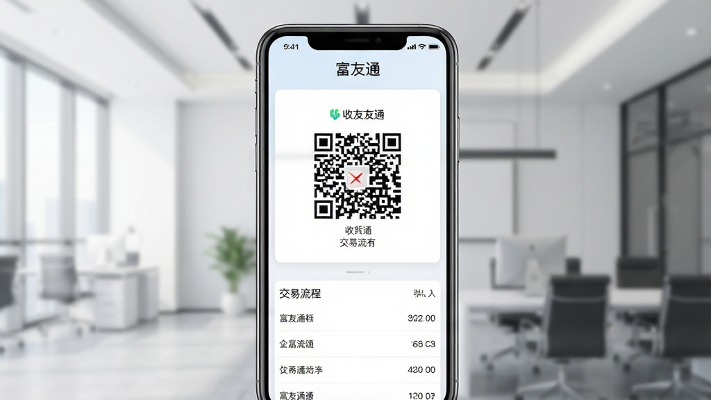 富友通主界面截图,展示收款二维码与交易流水列表,背景为浅色商务风格,手机居中,画面干净,文字标注“富友通”,高清画质