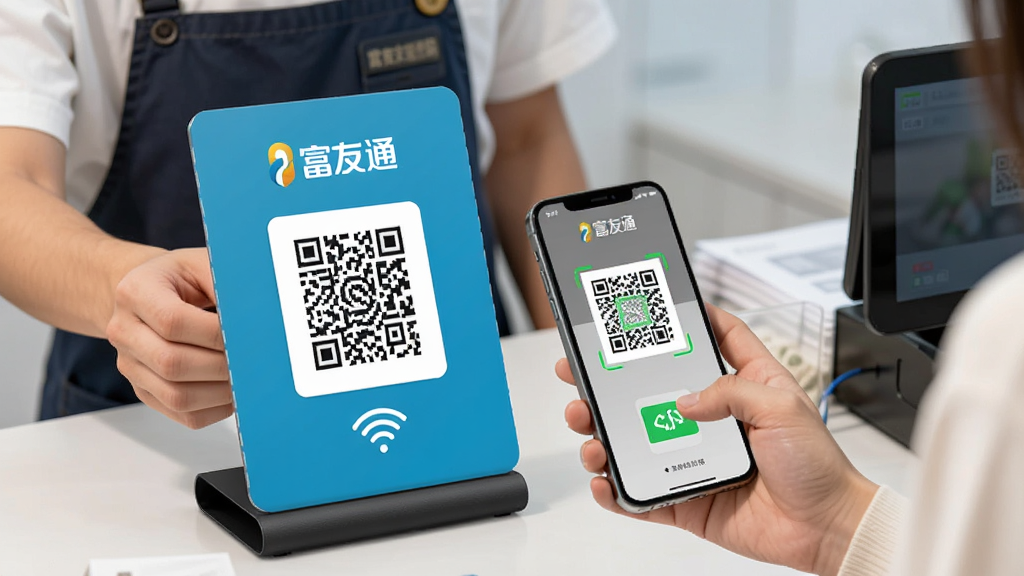 富友通收款码牌与手机扫码场景,商户展示收款码,顾客扫码支付,画面明亮,突出“富友通”品牌标识,干净无杂物