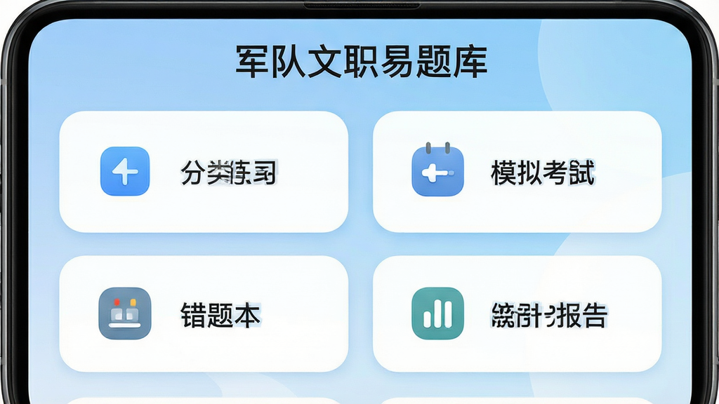 一张智能手机屏幕展示军队文职易题库主界面的高清截图,界面顶部显示“军队文职易题库”应用名称,下方为分类练习、模拟考试、错题本、统计报告四个功能卡片,整体背景为浅蓝色渐变,卡片圆角设计,图标简洁现代,画质清晰,干净无多余元素
