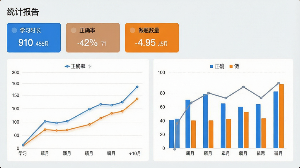 军队文职易题库学习统计页面截图,展示折线图和柱状图,图表背景为浅灰色,数据用蓝色和橙色表示,页面左上角有“统计报告”标题,下方有“学习时长”“正确率”“做题数量”三个数据卡片,整体风格简洁专业,画质清晰,干净无多余元素