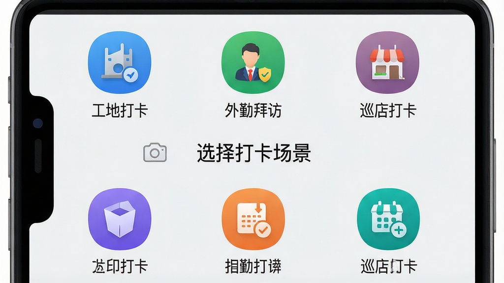 主体:水印拍照打卡达内相机多场景模式选择界面,屏幕上显示“工地打卡”、“外勤拜访”、“巡店打卡”等图标。布局:各模式图标以九宫格形式排列,背景为简洁的浅灰色。排版:图标下方配有文字说明,界面友好。风格:现代商务风格,图标线条流畅。细节:每个图标都有独特颜色,画面中央有“选择打卡场景”字样。画质:高清,干净,无多余元素。