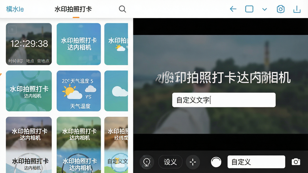 主体:水印拍照打卡达内相机应用内水印编辑界面,屏幕展示多款水印模板,包括时间地点、天气温度、经纬度样式。布局:左侧为模板列表,右侧为预览区,底部有自定义设置栏。排版:界面简洁,水印文字清晰,模板缩略图整齐排列。风格:扁平化设计风格,色彩清新。细节:水印文字显示“水印拍照打卡达内相机”,并有“自定义文字”输入框。画质:高清,干净,无多余元素。