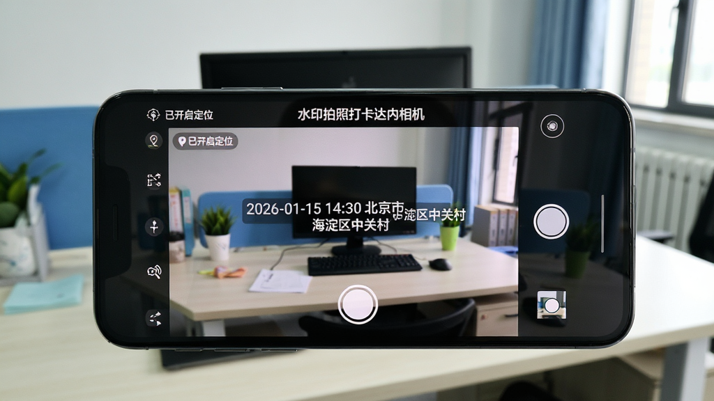 主体:一部手机屏幕显示水印拍照打卡达内相机拍照界面,界面底部有拍照按钮,顶部显示“水印拍照打卡达内相机”字样,并叠加“2026-01-15 14:30 北京市海淀区中关村”水印。布局:手机横屏展示,背景为办公室场景,有办公桌和电脑。排版:界面简洁,水印清晰可见。风格:写实摄影,光线自然。细节:手机屏幕上有“已开启定位”图标,画面整体干净明亮。画质:高清,干净,无多余元素。