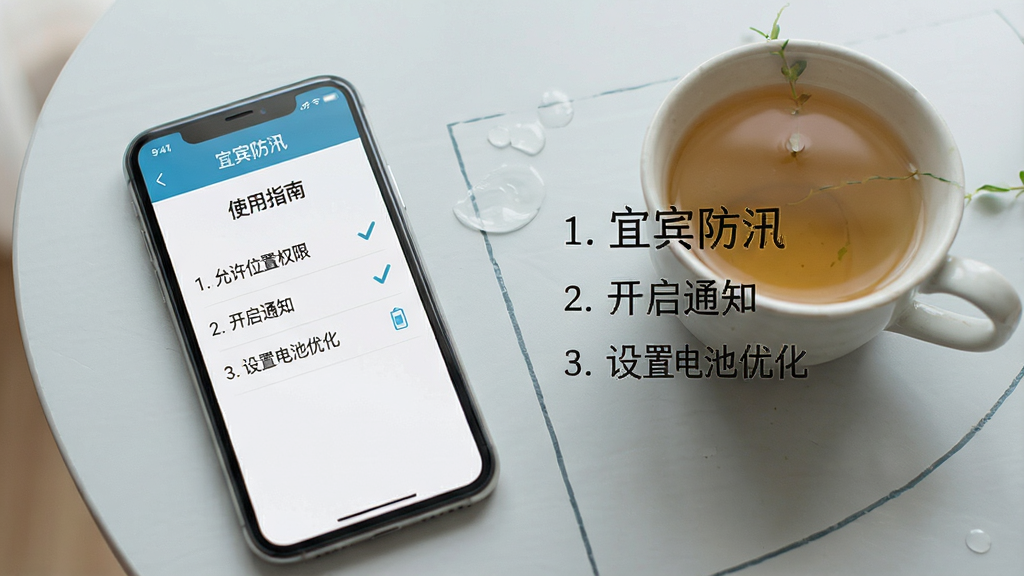 ���壺�ֻ�������ʾ�˱���ѴAPP�ġ�ʹ��ָ�ϡ�ҳ�棬�Ա߷���һ���衣���֣��ֻ���������˵�����ң�����Ϊǳ��ɫ���档�Ű棺�ֻ���Ļ���г���1. ����λ��Ȩ�� 2. ����֪ͨ 3. ���õ���Ż�������Ŀ��������¼�Լ����������Ϣ��ϸ�ڣ��ֻ�������ʾ���˱���Ѵ��������ҳ�����й�ѡ��ǡ����ʣ��ɾ����޶���Ԫ�ء�