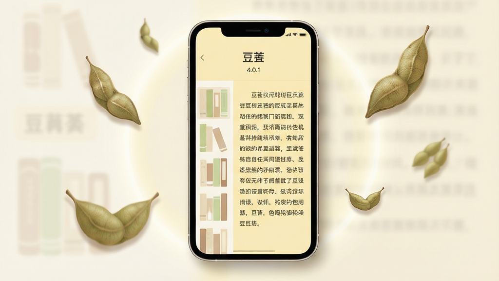 主体:一部智能手机屏幕显示豆萁App的阅读界面,界面布局简洁,左侧是书架列表,右侧是正文内容,字体清晰,背景为淡黄色护眼模式。布局:手机居中,屏幕内容为主要视觉焦点,周围有柔和的光晕和几片飘落的豆荚叶,营造安静阅读氛围。排版:屏幕内文字段落整齐,标题“豆萁”二字位于屏幕顶部中央,下方显示“4.0.1”版本号,整体风格扁平化。风格:现代极简,结合自然元素,色调以米白、浅绿、淡棕为主,温馨舒适。细节:屏幕边缘有细微的阴影,豆荚叶纹理清晰,光晕柔和。画质:超高清,干净,无多余元素。