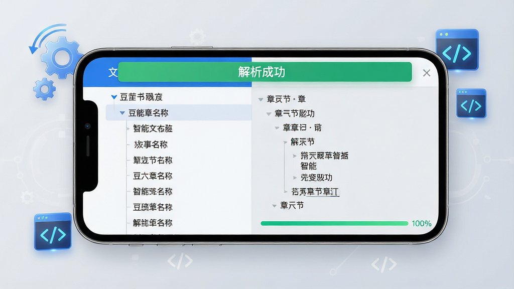 主体:豆萁App的智能文本解析功能展示,手机屏幕内显示一本书的目录自动生成过程,左侧是文件名列表,右侧是解析后的章节树。布局:手机横放居中,屏幕上方有“解析成功”绿色提示条,周围有齿轮和代码图标点缀。排版:目录树层次分明,章节标题字体清晰,背景为浅灰色科技感界面。风格:简约科技风,蓝白配色,突出智能感。细节:齿轮图标旋转,代码图标发光,解析进度条100%。画质:高清,干净,无多余元素。