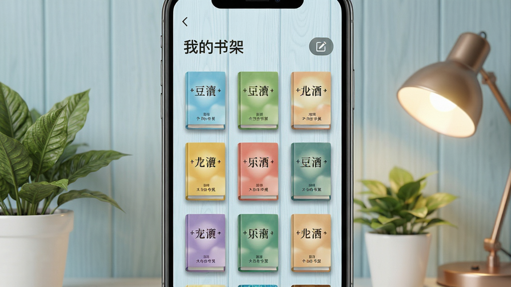 主体:豆萁App的个性化书架界面,手机屏幕内展示多个书架格子,每个格子有不同颜色的封面和书名。布局:手机竖屏居中,书架格子整齐排列三列,上方有“我的书架”标题,右上角有编辑按钮。排版:封面大小统一,书名文字清晰,背景为淡蓝色木纹质感。风格:清新文艺风,色调柔和,搭配绿植和小台灯装饰。细节:书架格子有轻微立体阴影,绿植叶子纹理真实,台灯发光。画质:细腻,干净,无多余元素。