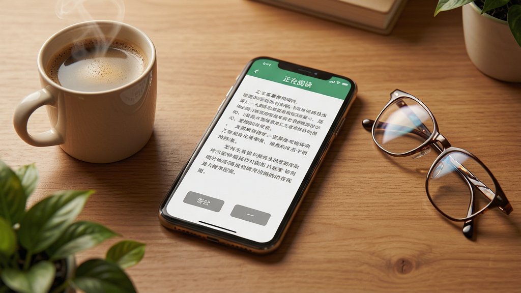 主体:豆萁App的手机使用场景,手机屏幕显示阅读界面,旁边有一杯咖啡和一副眼镜,背景是书桌。布局:手机斜放于桌面中央,咖啡杯在左,眼镜在右,桌面有木质纹理。排版:屏幕内显示文字段落和翻页按钮,上方有“正在阅读”状态栏。风格:生活化写实风,暖色调灯光,营造惬意阅读氛围。细节:咖啡冒热气,眼镜腿反光,书桌边缘有绿植点缀。画质:逼真,干净,无多余元素。