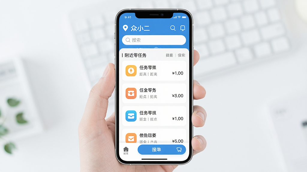һ�������ֻ���Ļչʾ��С��APP�����棬������Ƽ����ˬ�������ж�λ�����������м��Կ�Ƭʽ��������չʾ�������㹤�����б�����������ͼ�ꡢ�����Ӷ����ײ�������ͻ�����ӵ�����ť�����廭������������ִ������ʸɾ����޶���Ԫ�ء�