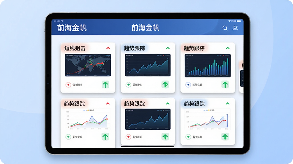 图片主体是“前海金帆”决策商城页面的平板电脑展示图,平板上显示策略卡片列表,卡片上印有“短线狙击”“趋势跟踪”等文字标签及红绿箭头符号。布局为平放视角,平板居于画面中央,背景为柔和的蓝色渐变。风格为金融科技商务风,细节包含卡片阴影、图表缩略图、清晰的“前海金帆”标题栏。画质细腻,干净无多余元素。